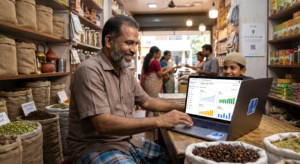 Local Malappuram business owner proudly viewing the success of their Google My Business profile in Malappuram on a laptop.