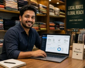Smiling local entrepreneur from Malappuram successfully managing digital marketing campaigns on a laptop